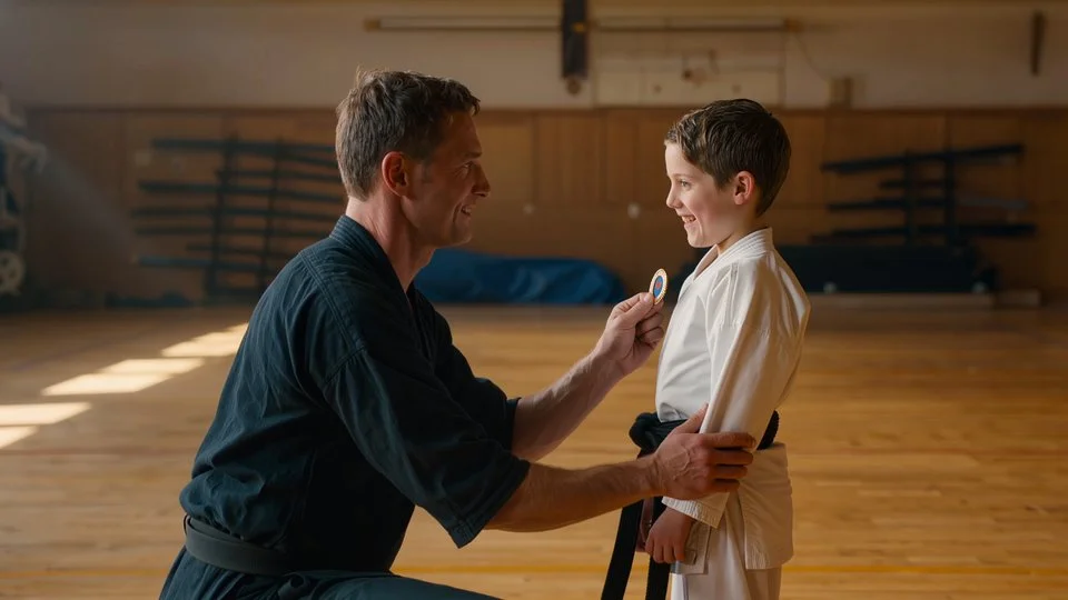 Martial arts coach awarding badge to young student