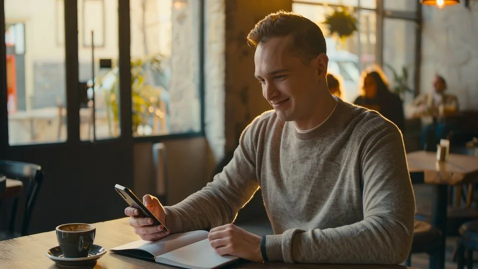 Coach reviewing interest list on phone in café