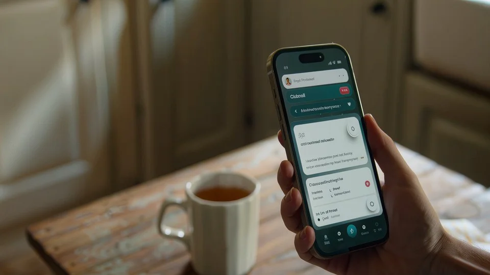 Payment confirmation on phone next to mug of tea