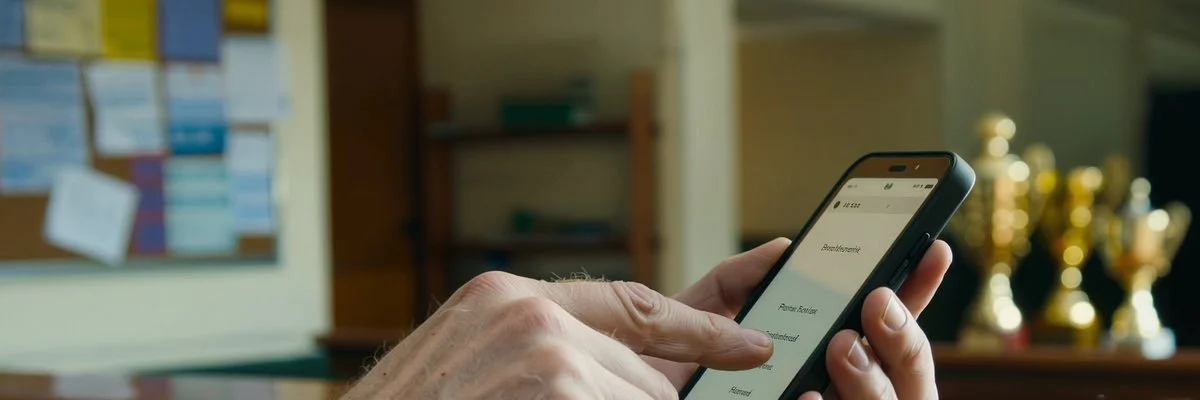 Close up of coach managing student records on phone